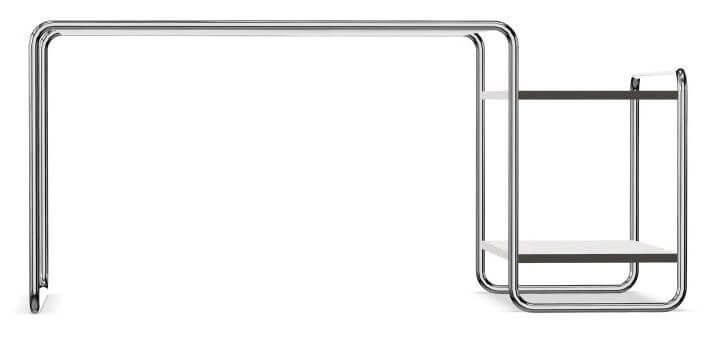 Moderner Schreibtisch mit verchromtem Stahlrahmen und integrierten Regalen für stilvolle Bürolösungen.