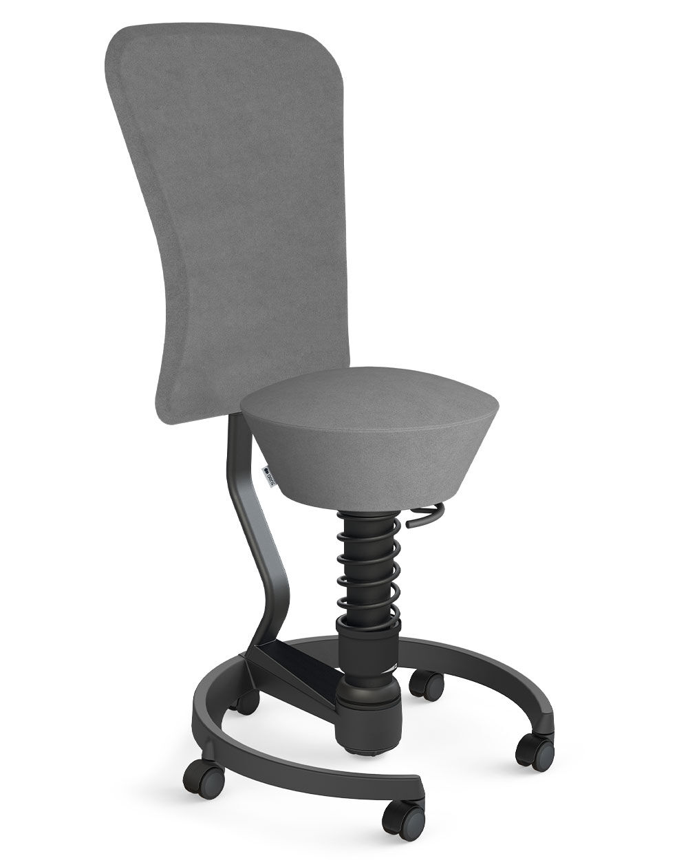 Ergonomischer Bürostuhl mit anthrazitfarbenem Bezug, Federmechanismus und beweglicher Basis auf Rollen.