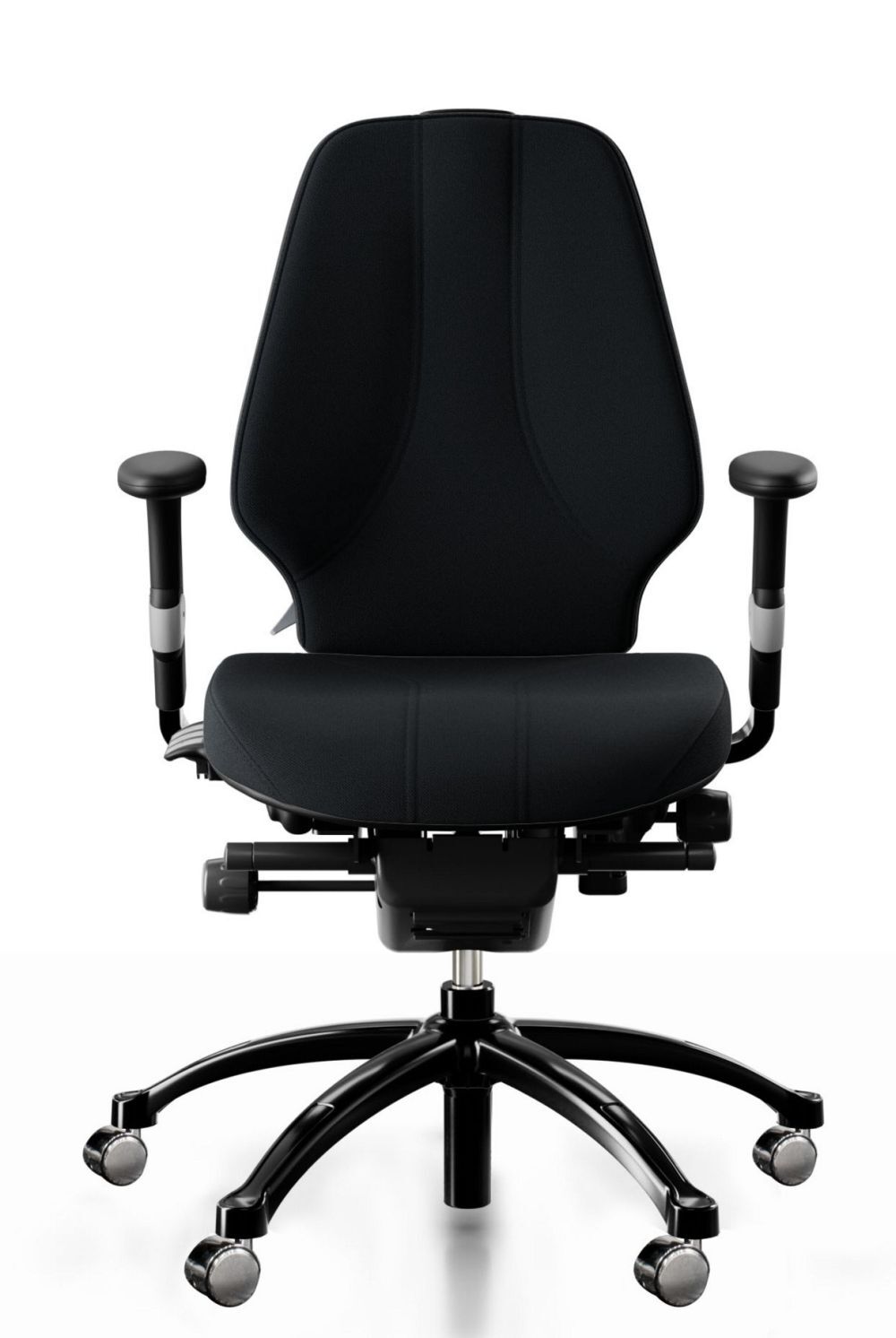 Hochwertiger ergonomischer Bürostuhl in Schwarz mit verstellbaren Armlehnen und Rollen für dynamisches Sitzen.