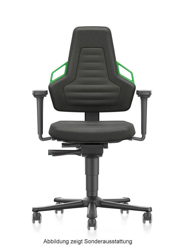 Ergonomischer Bürostuhl mit verstellbaren Armlehnen, schwarzem Sitz und Rückenlehne, grünem Akzent auf Armlehnen.