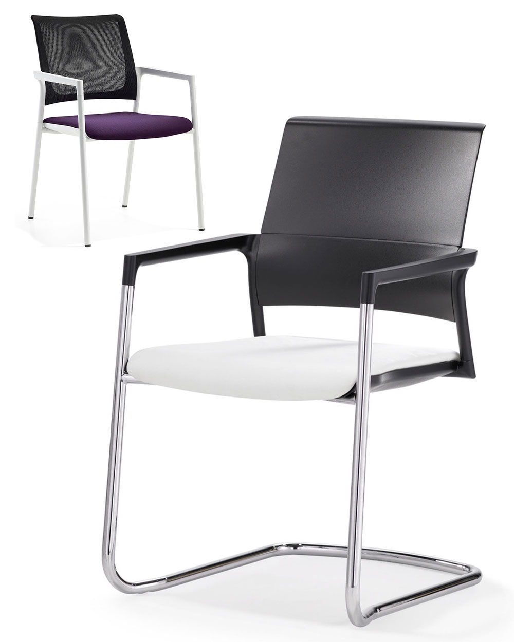 Zwei ergonomische Stühle mit modernen Designs, einer mit lila Sitzfläche und der andere mit weißem Sitz.