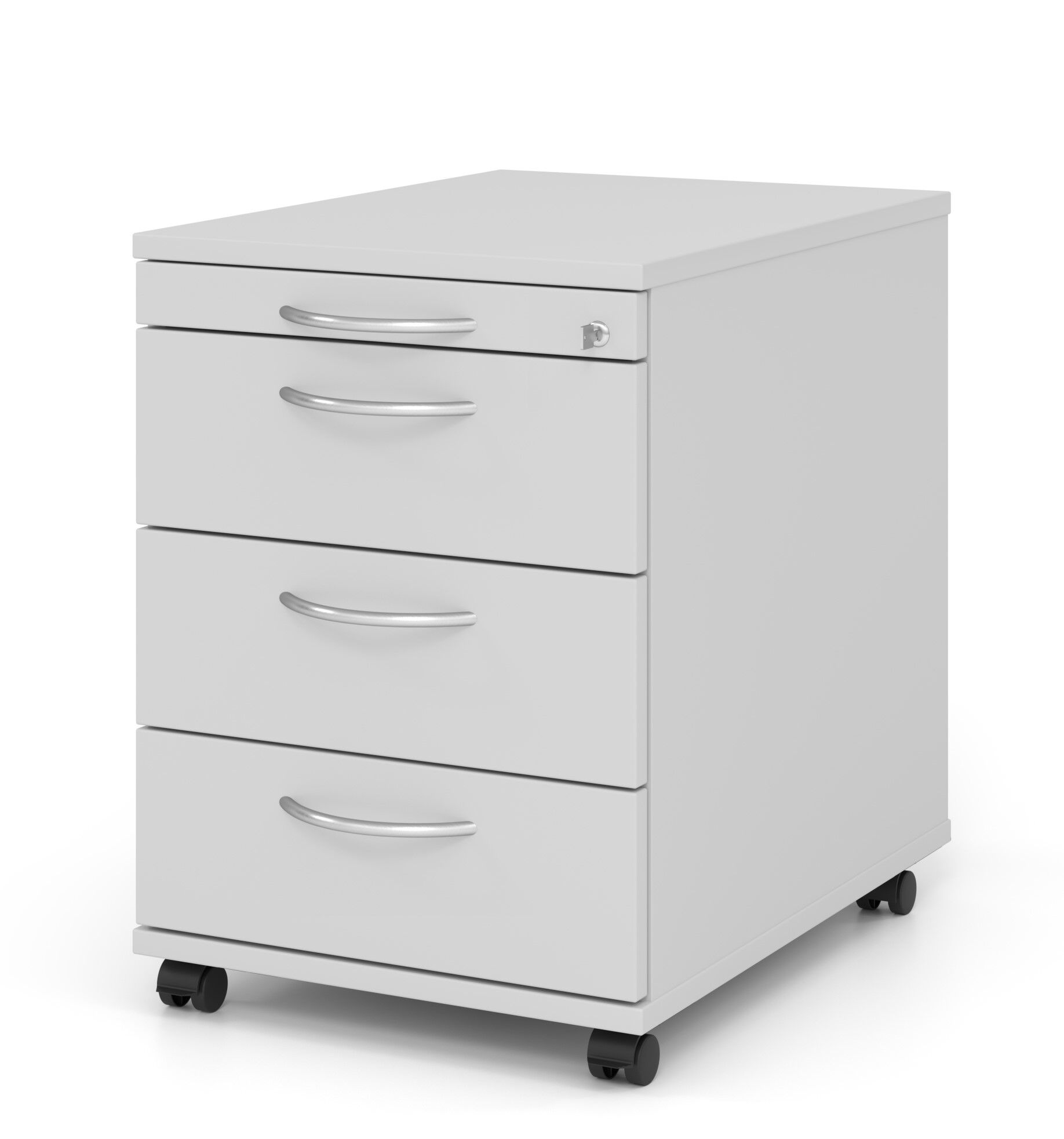 Moderner weißer Rollcontainer mit drei Schubladen und abschließbarem Design für das Büro.