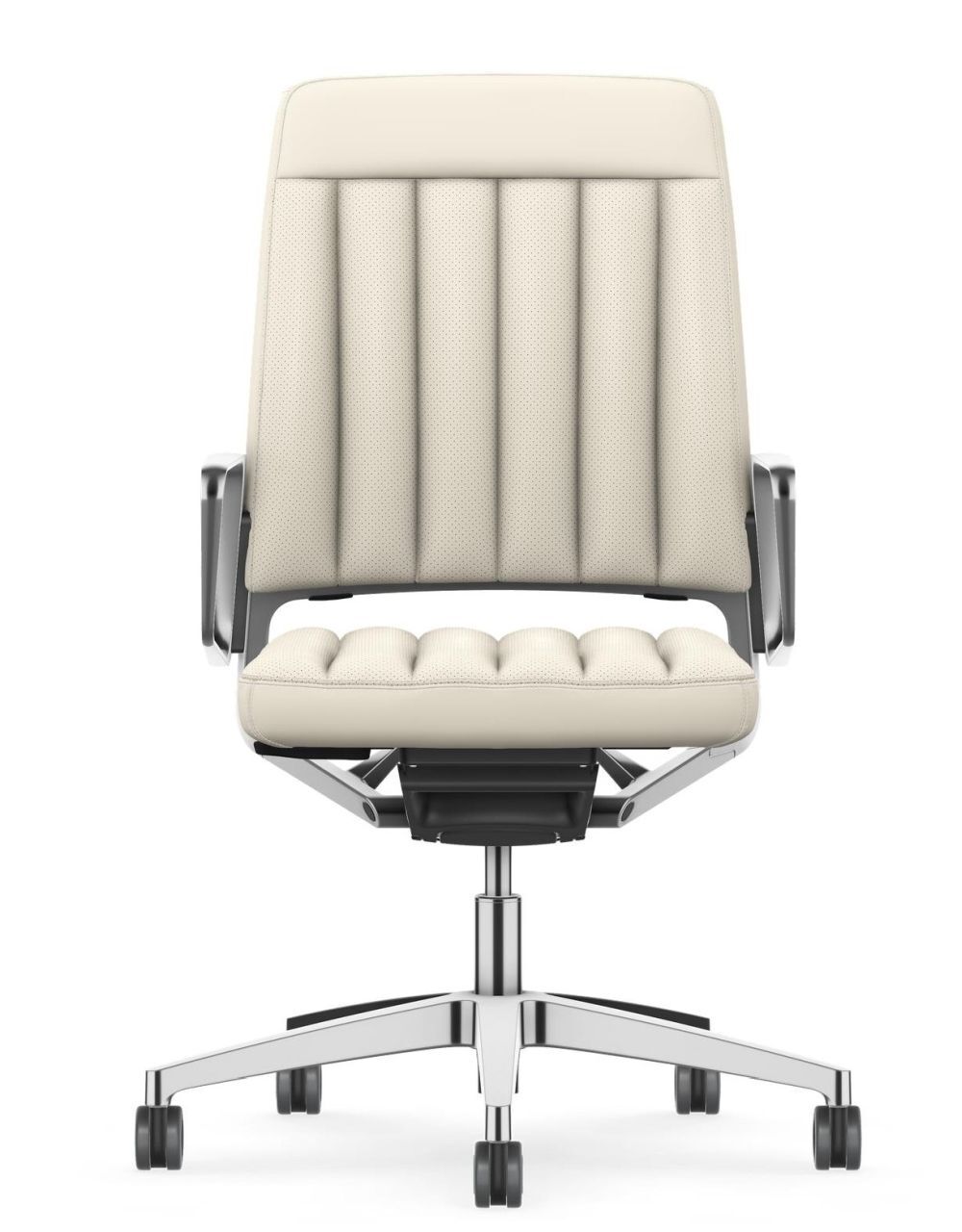 Hochwertiger ergonomischer Bürostuhl, cremefarbenes Polster mit silbernem Gestell, unterstützt dynamisches Sitzen im Büro.