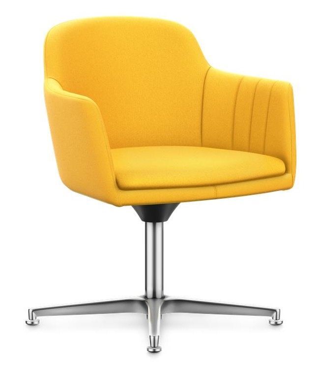 Moderner ergonomischer gelber Bürostuhl mit gepolstertem Sitz und Rückenlehne auf einem Metallfuß mit Rollen.