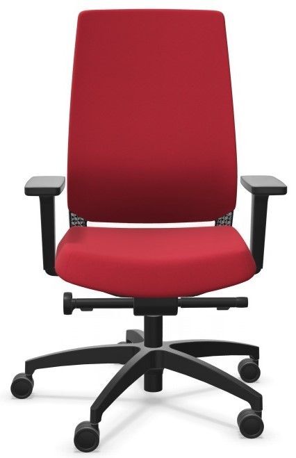 Roter ergonomischer Bürostuhl mit verstellbaren Armlehnen und schwarzem fünfarmigen Rollfuß für dynamisches Sitzen.