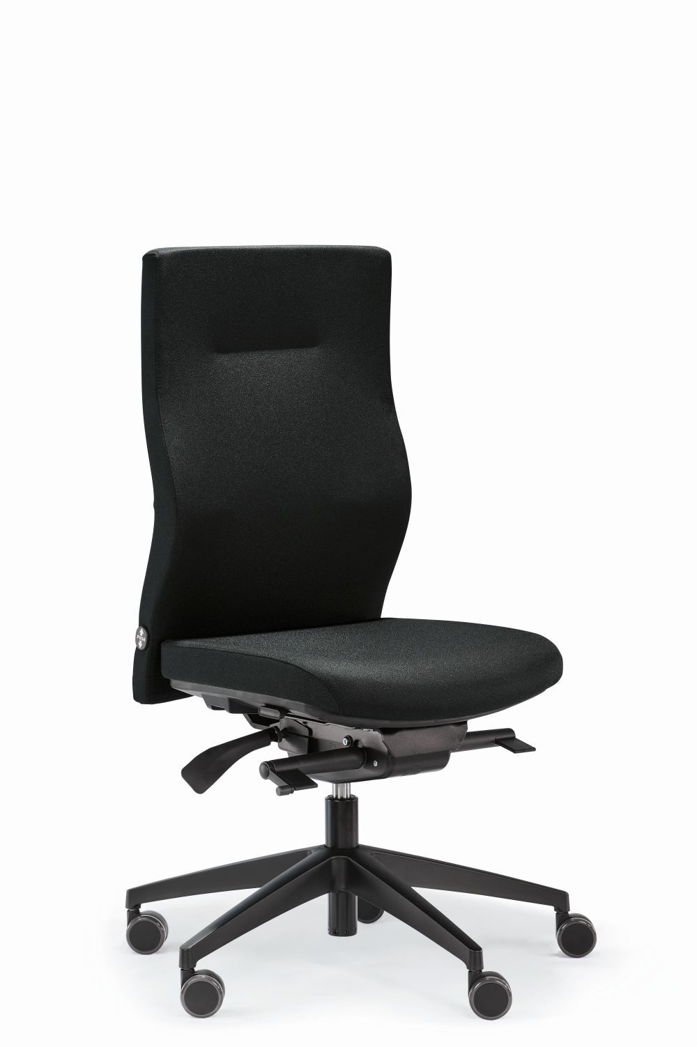 Ergonomischer schwarzer Bürostuhl mit hoher Rückenlehne und verstellbaren Funktionen auf Rollen.