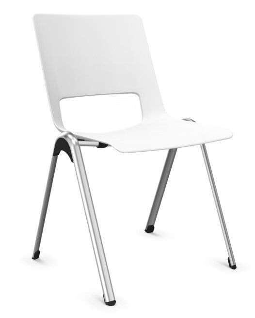 Moderner weißer Stuhl mit Metallbeinen und ergonomischem Design, ideal für Büro oder Konferenzräume.