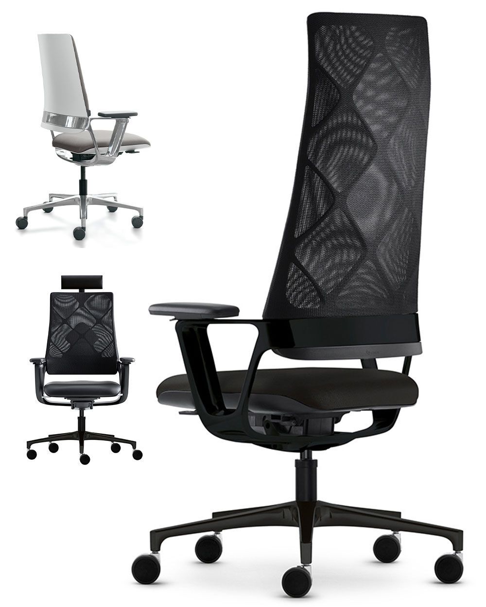 Drei moderne ergonomische Bürostühle mit Netzrückenlehnen, verstellbaren Armlehnen und eleganten Rollen für optimalen Komfort.