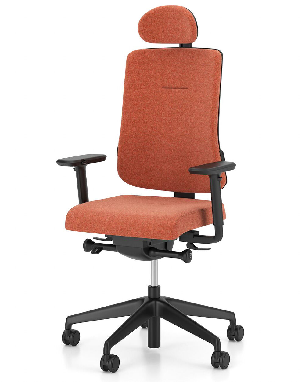 Ergonomischer Bürostuhl in Orange mit verstellbaren Armlehnen und Kopfstütze, auf einem schwarzen Rollensockel.