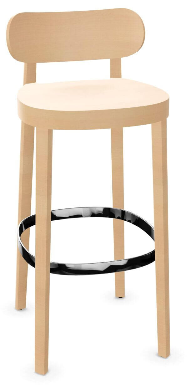 Holzbarhocker mit schwarzem Fußring und runder Rückenlehne, ideal für ergonomische Sitzlösungen.