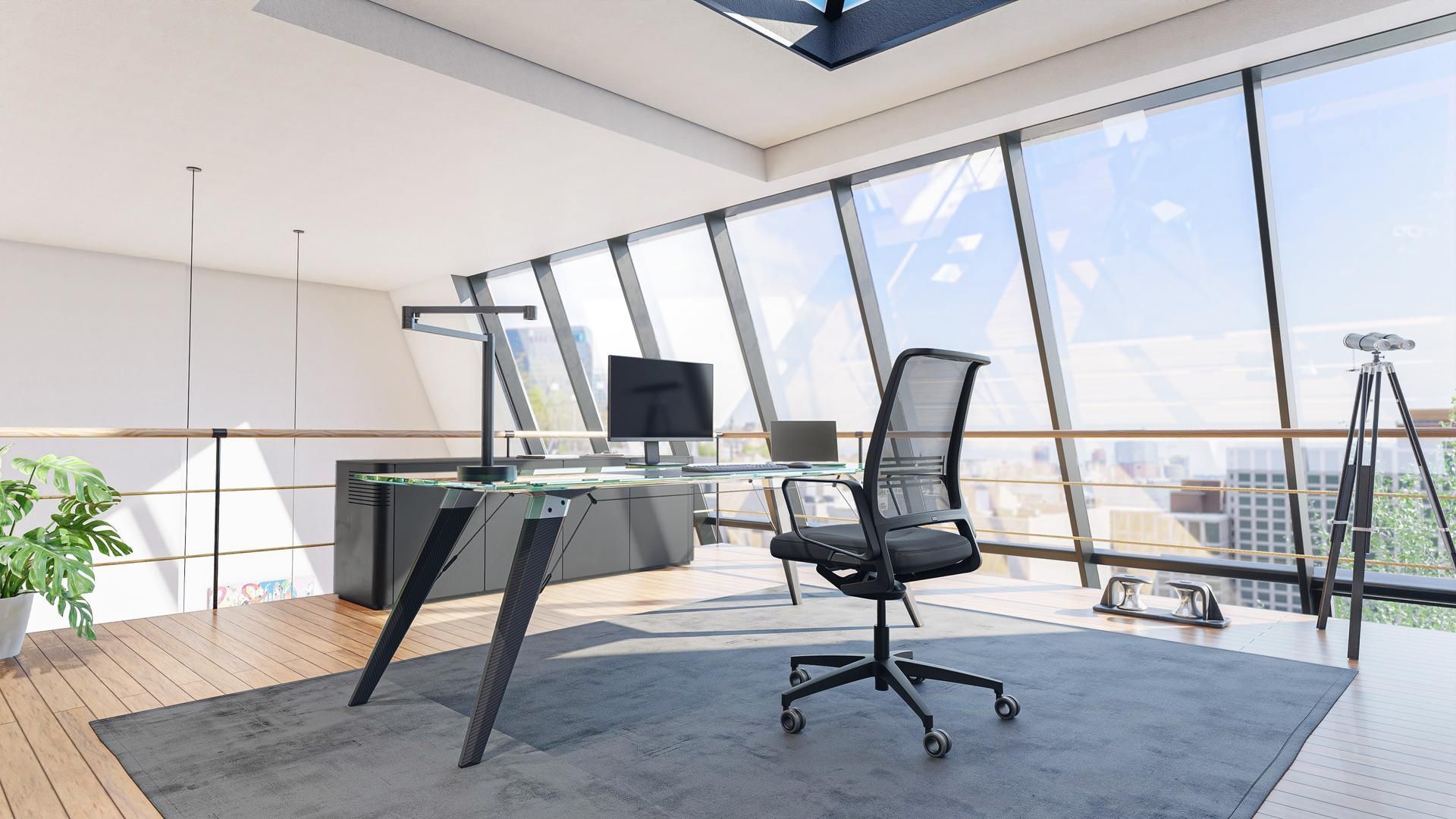 Modernes Büro mit ergonomischem Stuhl, Glas-Schreibtisch, Computer und großem Fenster zur Stadtansicht.