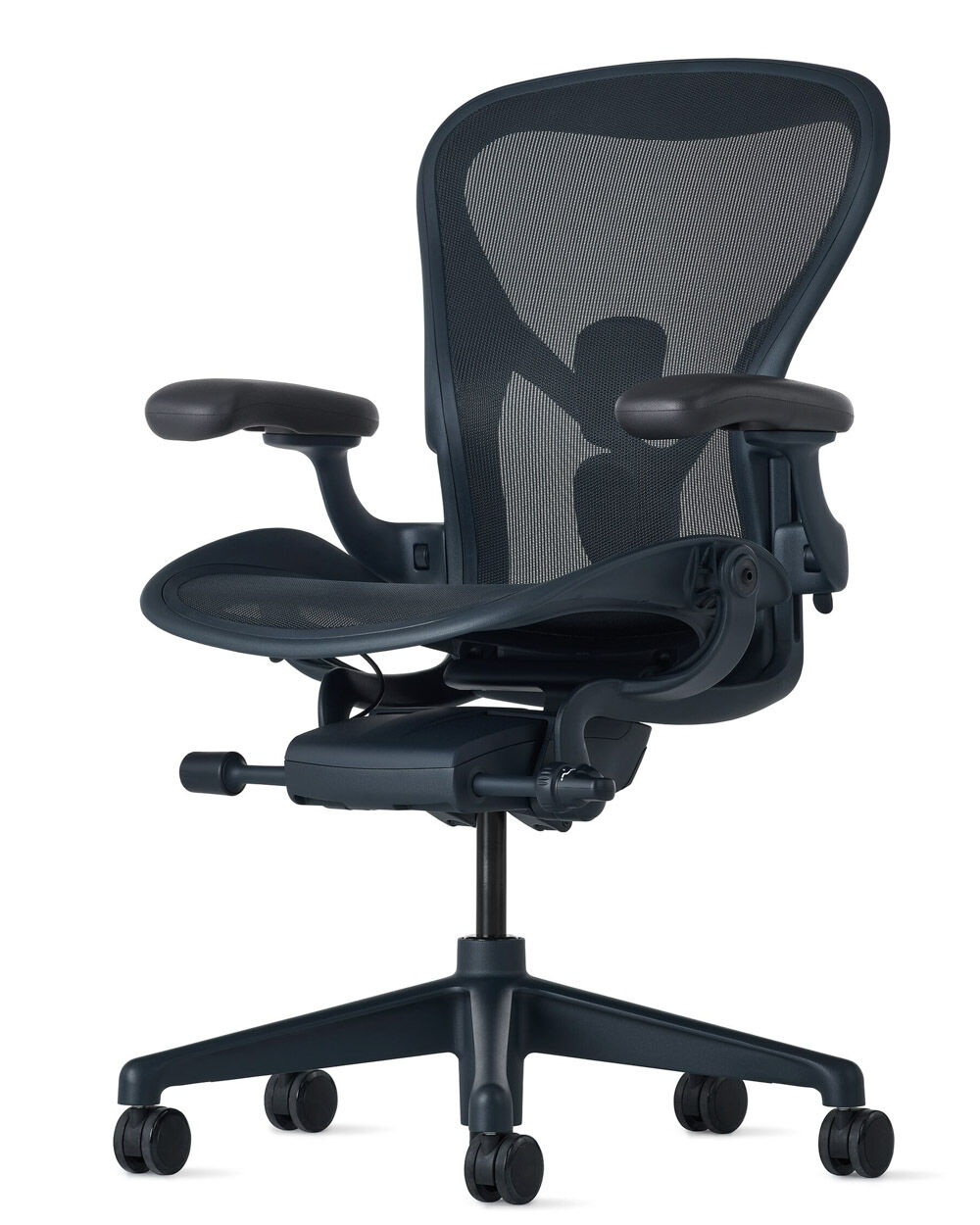 Ergonomischer Bürostuhl mit Netzrückenlehne, verstellbaren Armlehnen und Drehrollen für dynamisches Sitzen.