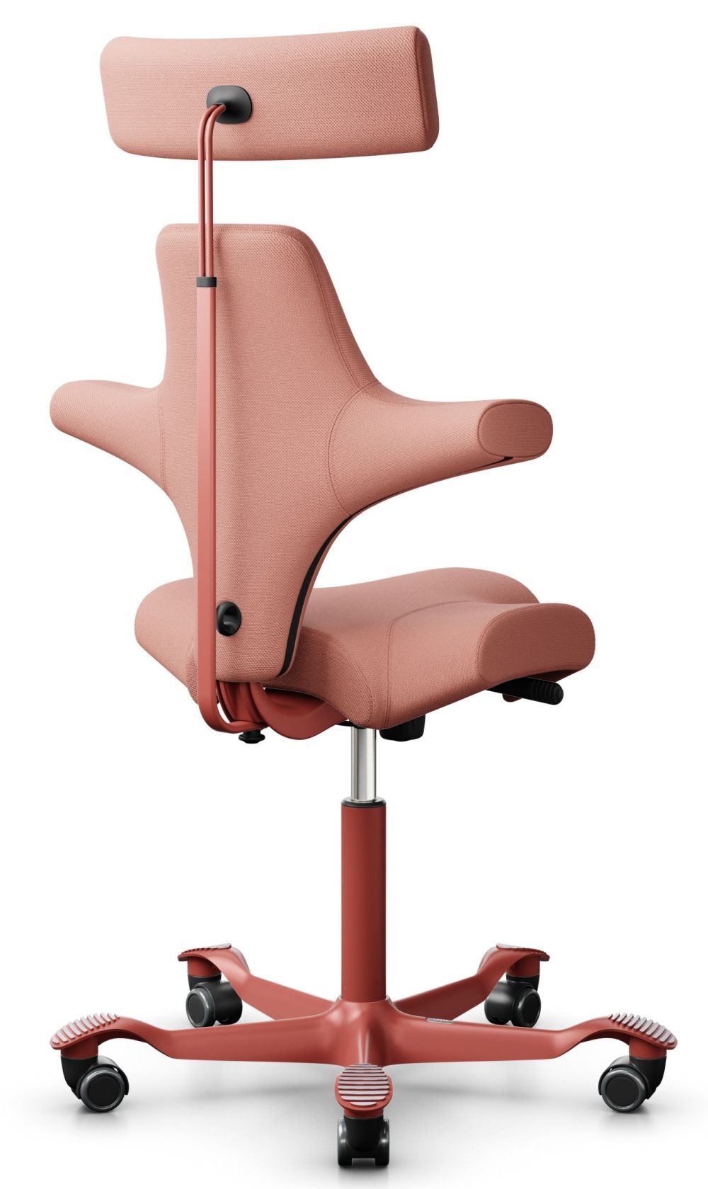 Ergonomischer Bürostuhl mit rosa Stoffpolsterung, spezielle Rückenlehne und verstellbarer Kopfstütze, auf Rollen.