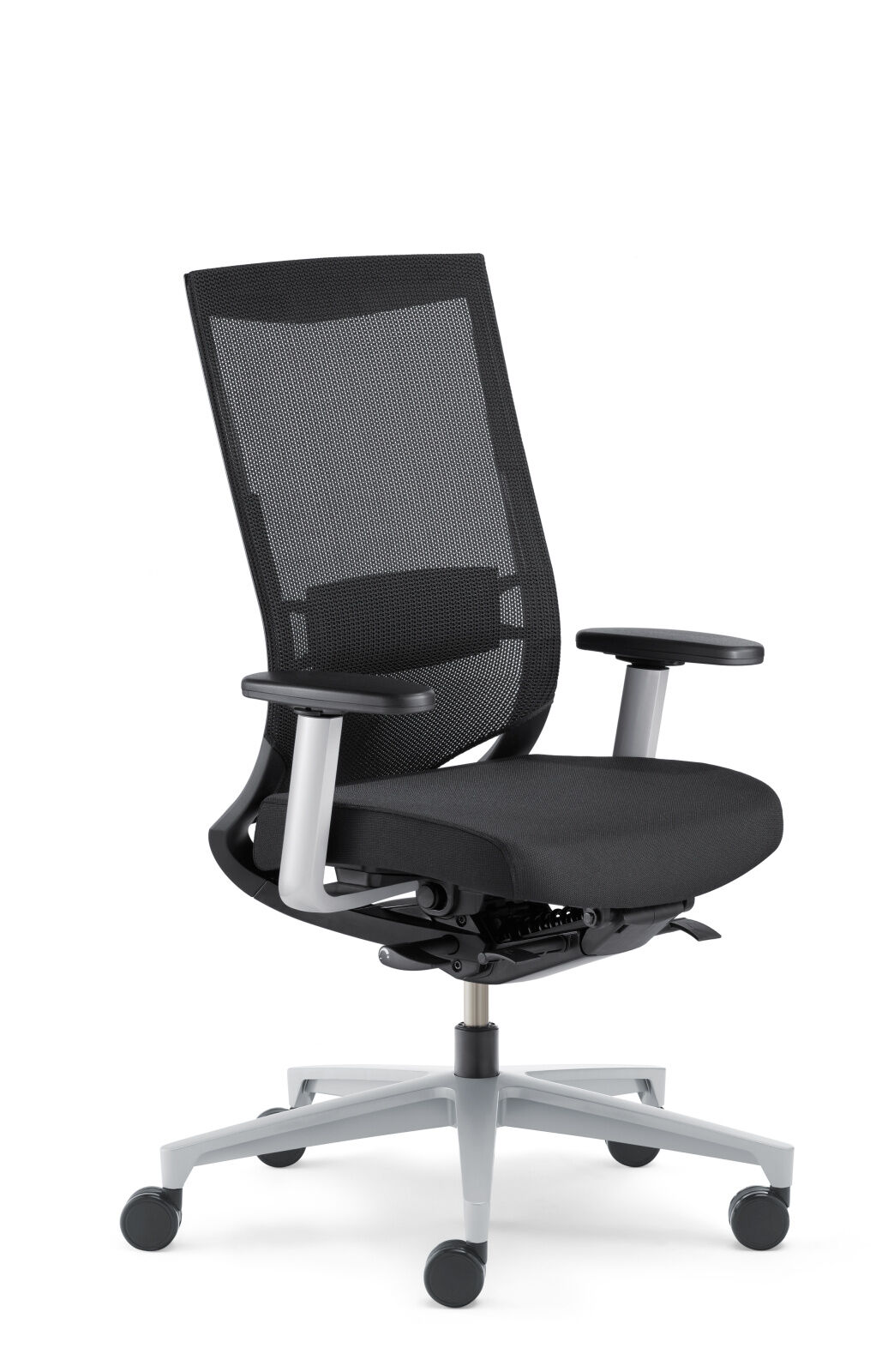 Ergonomischer Bürostuhl mit Netzrückenlehne und verstellbaren Armlehnen, ideal für dynamisches Sitzen im Büro.