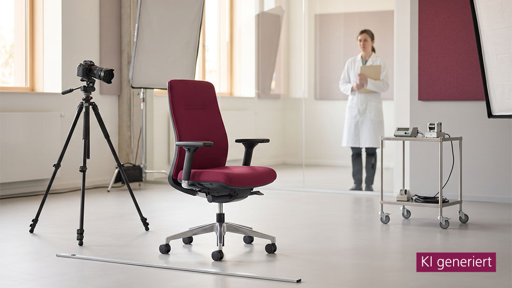 Roter ergonomischer Bürostuhl in Fotostudio mit Kamera, Forscherin im Hintergrund, helle Fenster im Raum.