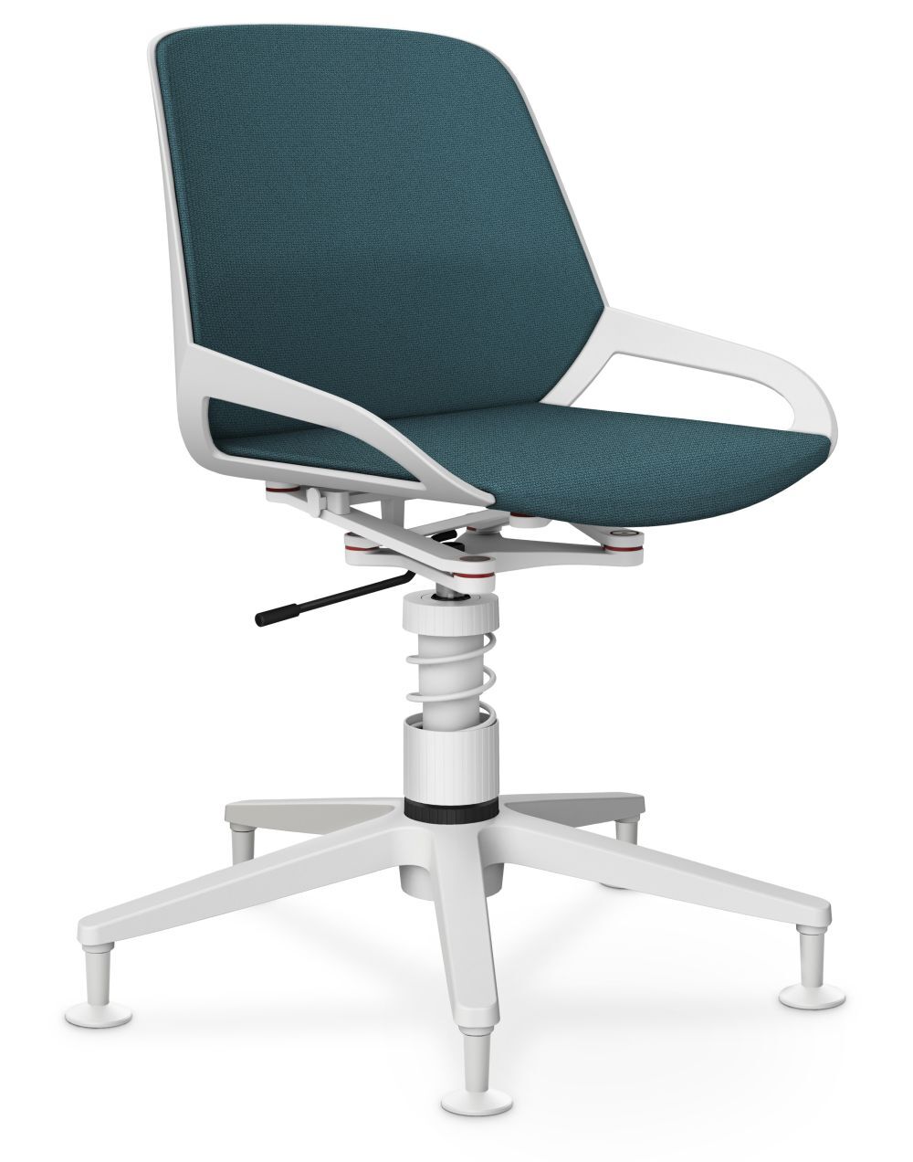 Ergonomischer Bürostuhl mit grünem Stoffbezug, weißem Rahmen und fünfarmigem Fuß für dynamisches Sitzen.