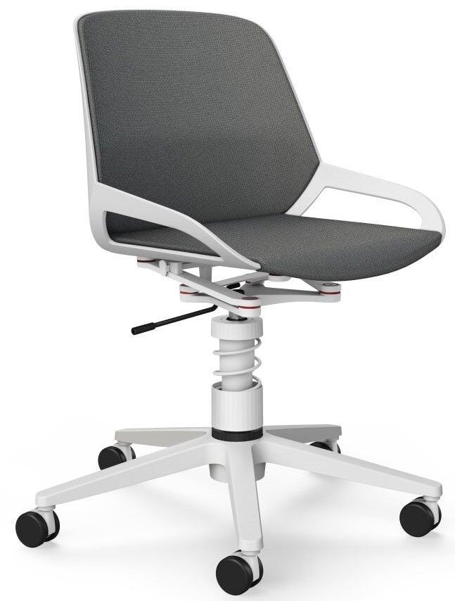 Ergonomischer Bürostuhl mit grauem Polster, verstellbarer Höhe und weißen Armlehnen auf Rollen.