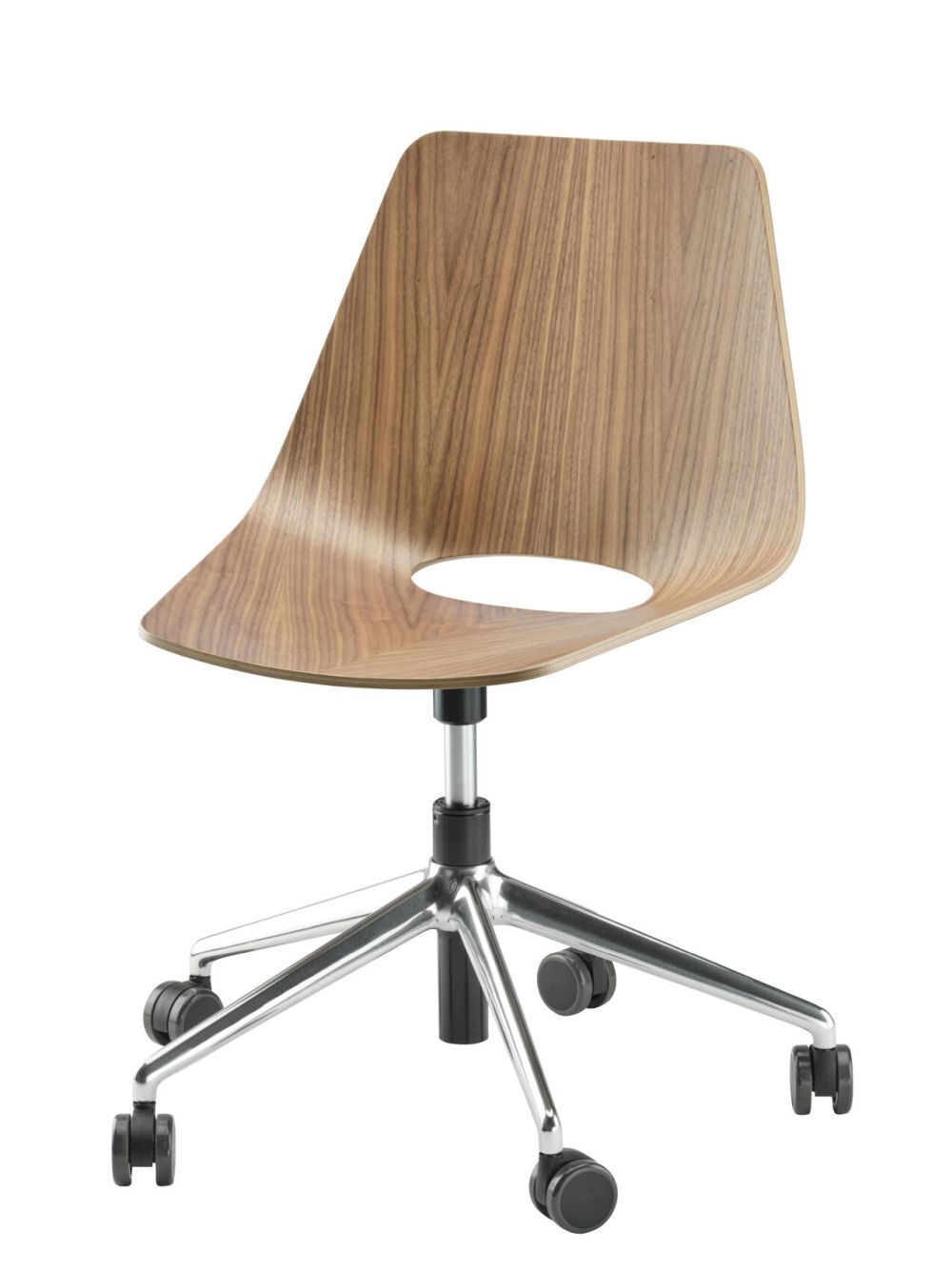 Moderner Bürostuhl mit Holzsitz, Metallrahmen und Rollen für ergonomisches, dynamisches Sitzen.