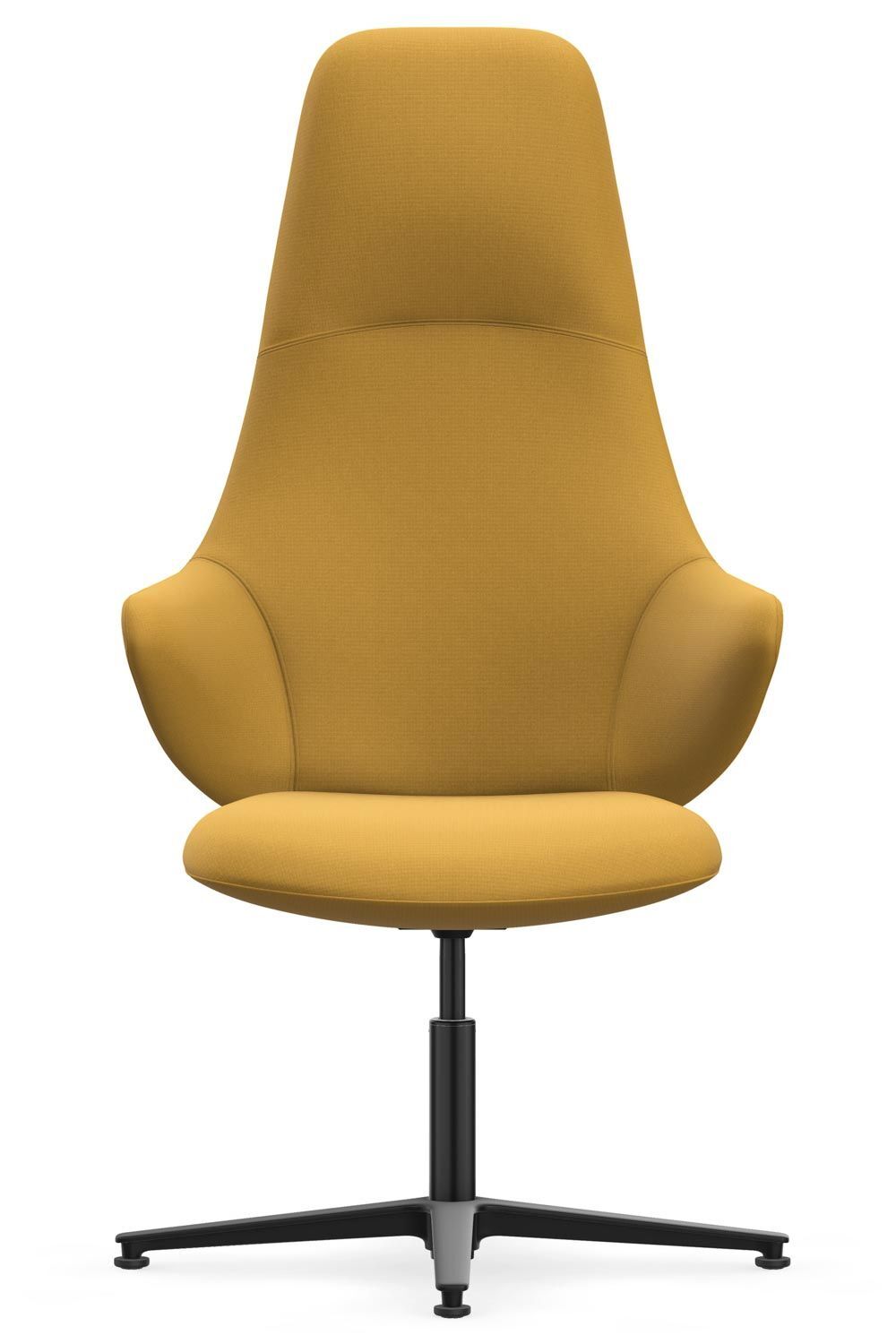 Ein ergonomischer, senfgelber Bürostuhl mit hoher Rückenlehne und schwarzem Drehgestell zur Förderung dynamischen Sitzens.