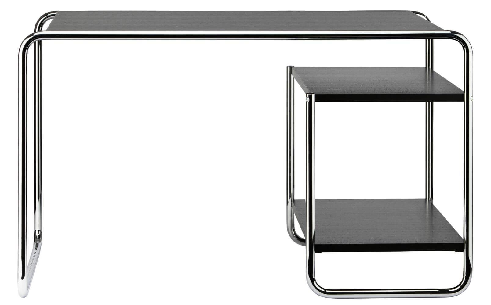 Ergonomischer Schreibtisch mit schwarzem Holz und verchromtem Metallgestell, ideal für modernes Homeoffice-Design.