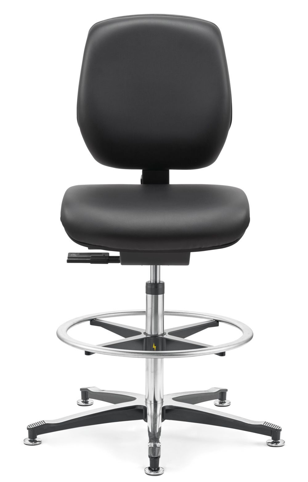 Ergonomischer Bürostuhl mit schwarzem Sitzpolster, verstellbarer Rückenlehne und Fußring für dynamisches Sitzen.