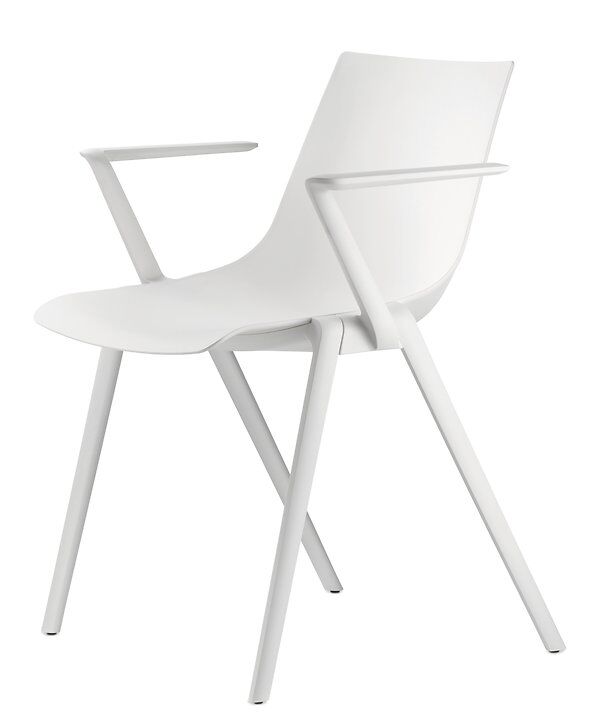 Moderner, weißer Bürostuhl mit Armlehnen und ergonomischem Design für dynamisches Sitzen.