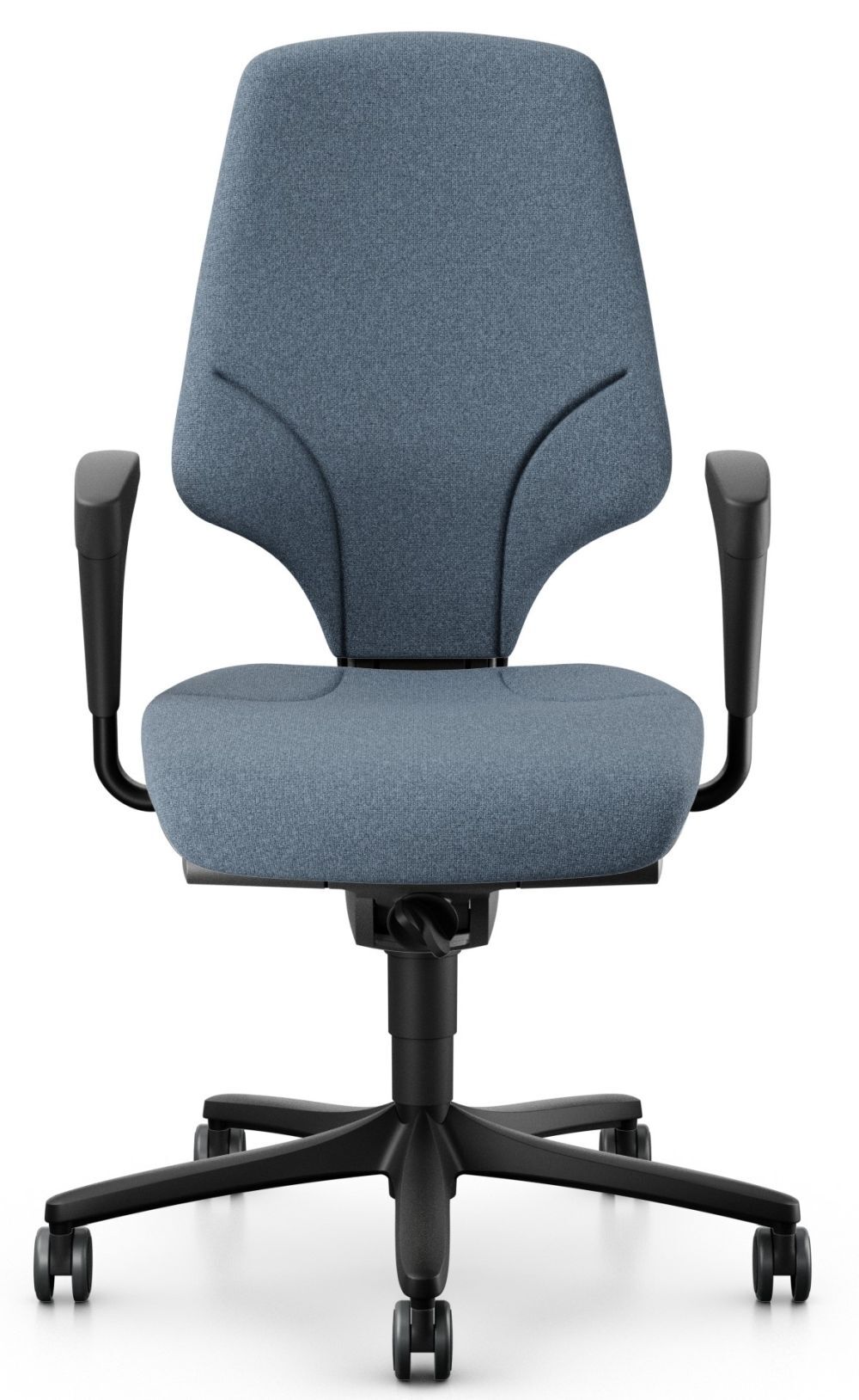 Ergonomischer Bürostuhl mit blauer Polsterung und verstellbaren Armlehnen für dynamisches Sitzen im Büro.