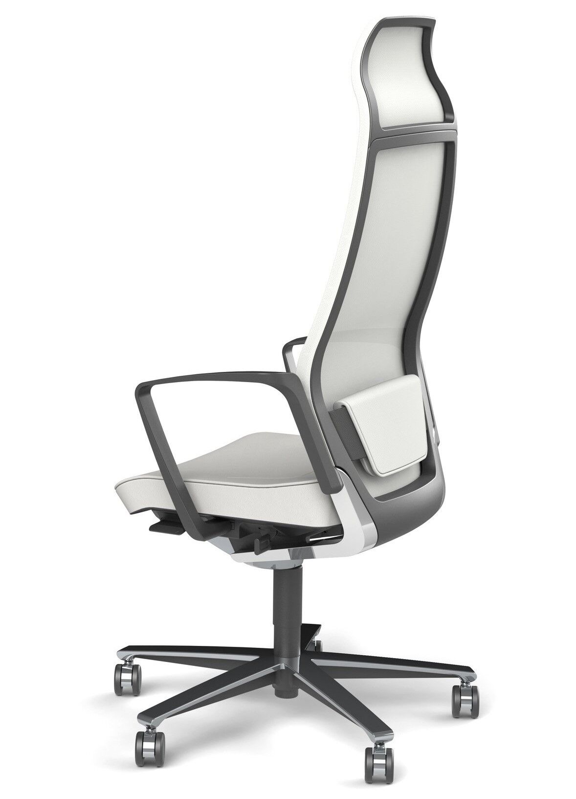 Ergonomischer Bürostuhl mit hoher Rückenlehne, verstellbaren Armlehnen und Rollen, in modernem Design für dynamisches Sitzen.