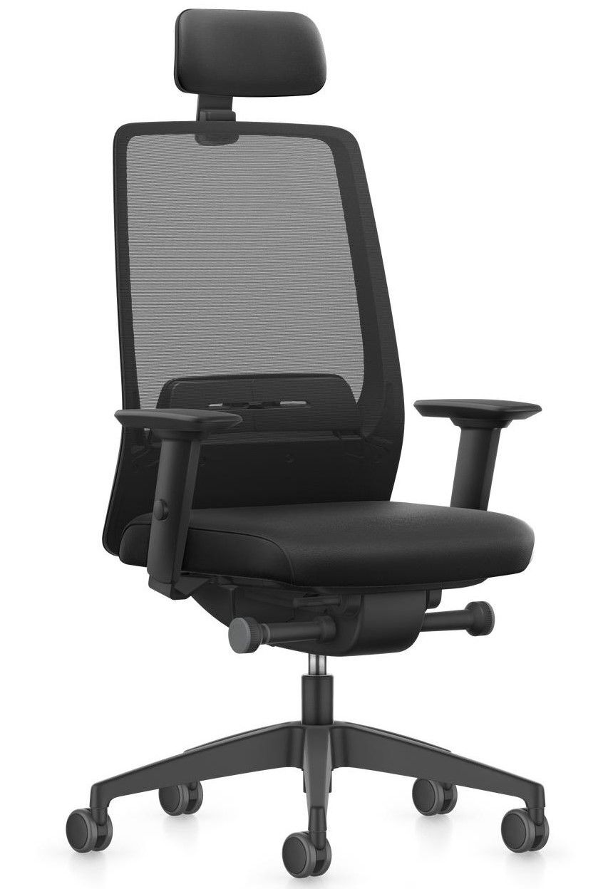 Ergonomischer Bürostuhl mit Netzrückenlehne, verstellbarer Kopfstütze und Armlehnen, ideal für gesundes, dynamisches Sitzen.