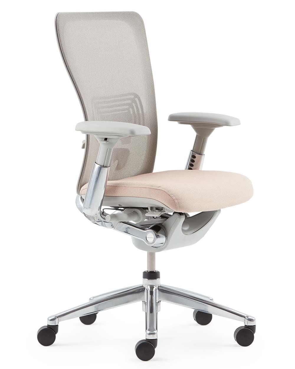 Ergonomischer Bürostuhl mit Netzrücken und gepolstertem Sitz, verstellbare Armlehnen, auf Metallfuß mit Rollen.