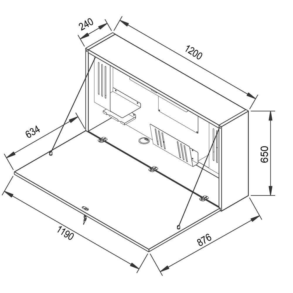 Technische Zeichnung eines ergonomischen Büromöbelteils mit detaillierten Abmessungen und verschiedenen Fächern.
