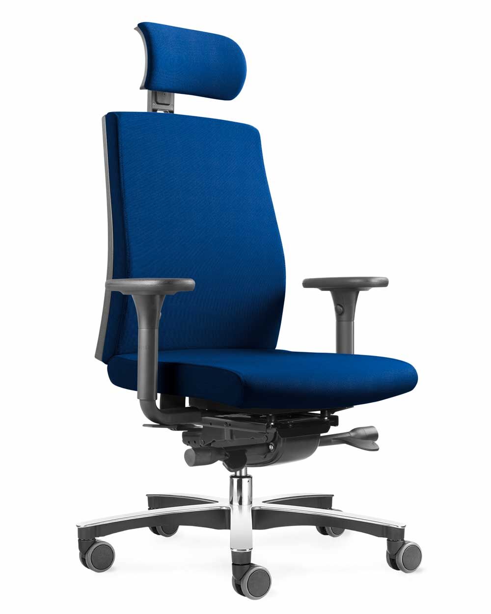 Ergonomischer Bürostuhl in Blau mit verstellbaren Armlehnen und Kopfstütze, ideal für gesundes Sitzen.