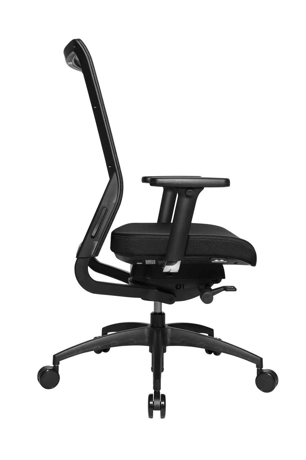 Seitliche Ansicht eines ergonomischen Bürostuhls mit verstellbaren Armlehnen und atmungsaktivem Sitzpolster.