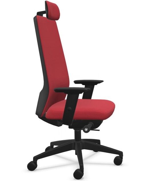 Ergonomischer Bürostuhl mit rotem Bezug, hoher Rückenlehne, verstellbaren Armlehnen und Kopfstütze auf schwarzem Drehfuß.