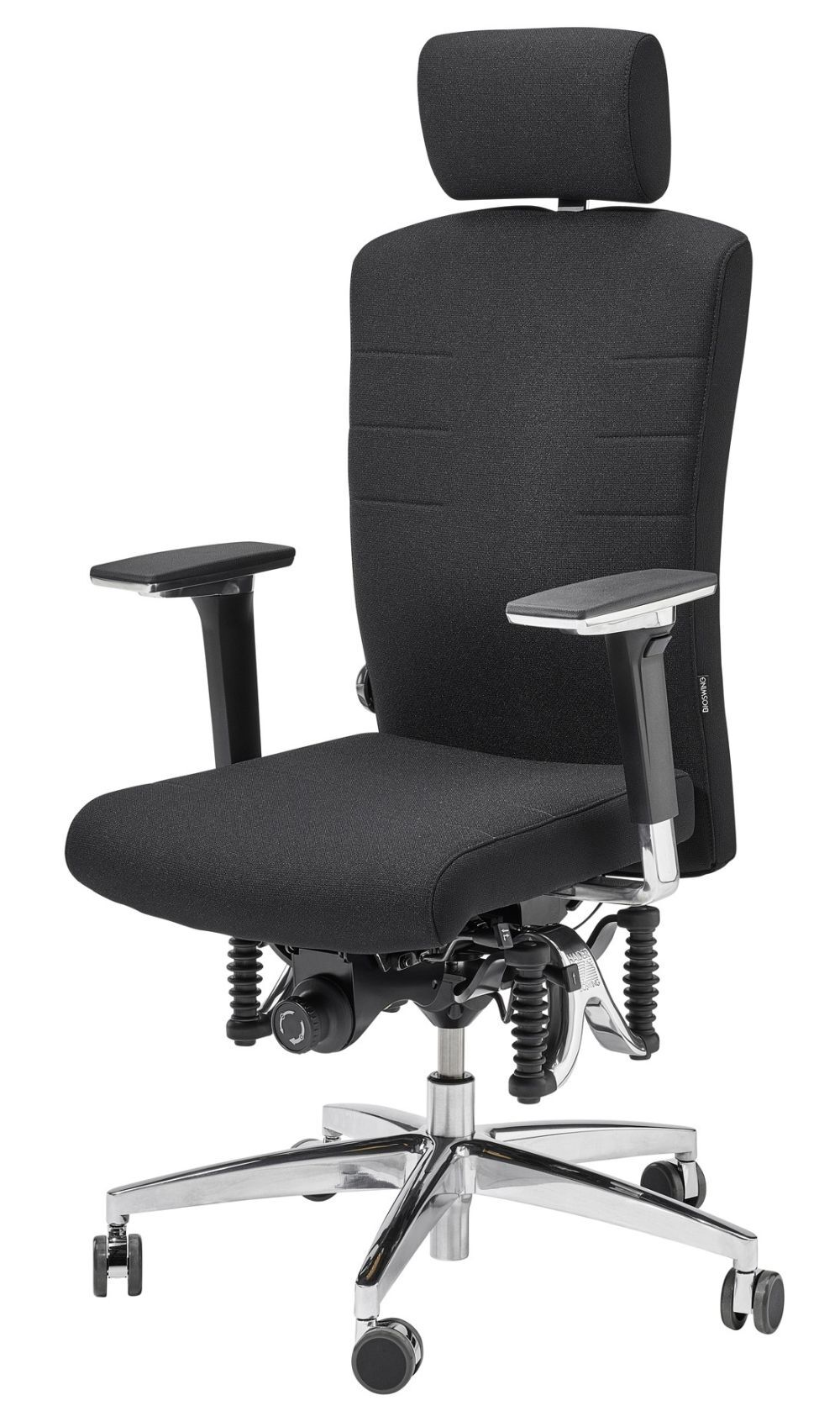 Ergonomischer Bürostuhl in Schwarz mit Kopfstütze, Armlehnen und verchromtem Fußkreuz, ideal für dynamisches Sitzen.