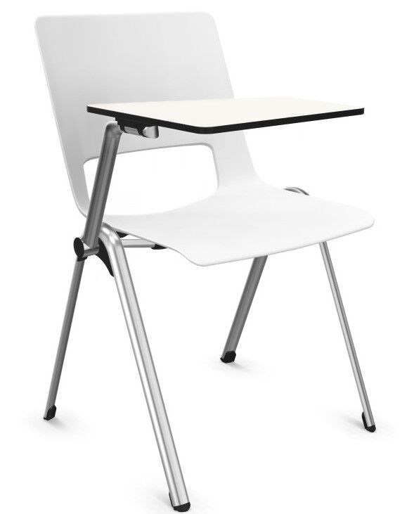 Moderner weißer Stuhl mit klappbarer Tischplatte und Metallbeinen, ideal für dynamisches Sitzen.