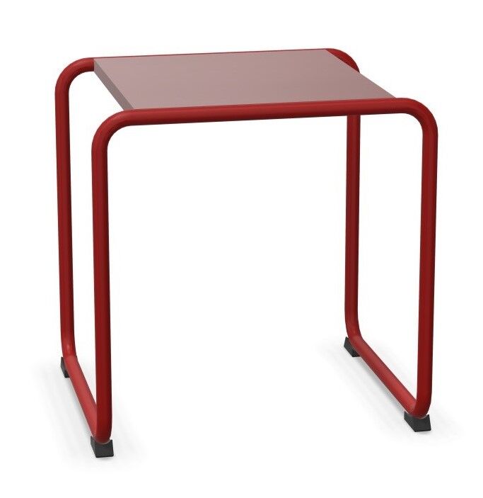 Roter minimalistischer Beistelltisch mit geraden Metallbeinen, ideal für moderne Einrichtung und kleine Räume.
