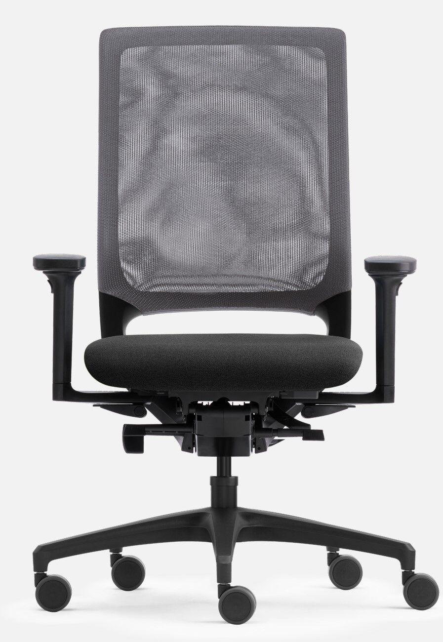 Ergonomischer Bürostuhl mit Mesh-Rückenlehne und verstellbaren Armlehnen, ideal für dynamisches Sitzen im Büro.