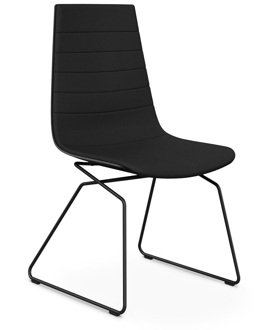 Schwarzer, ergonomischer Stuhl mit schlankem Metallgestell und gepolsterter Sitzfläche für modernes Bürodesign.