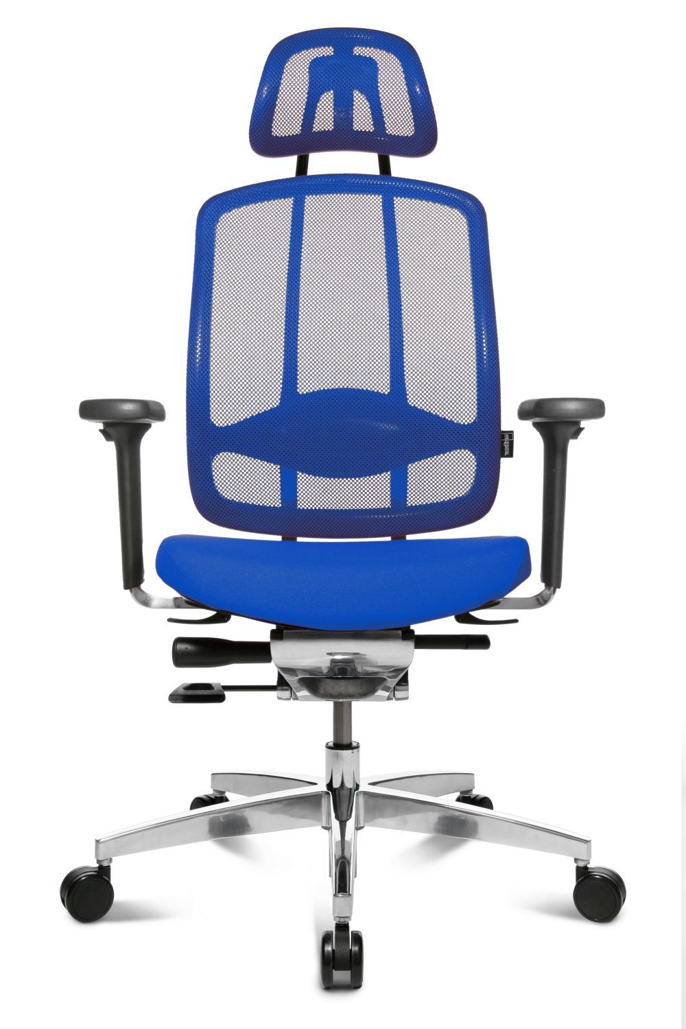 Blauer ergonomischer Bürostuhl mit Netzrückenlehne, Kopfstütze und verstellbaren Armlehnen auf einem Metall-Laufrollenfuß.