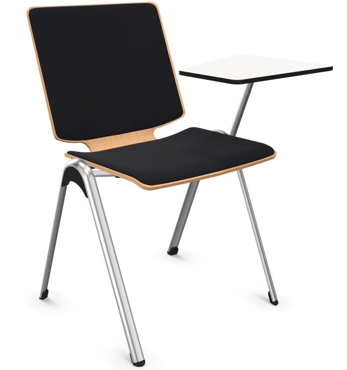 Ergonomischer Bürostuhl mit schwarzen Polstern, Metallbeinen und integrierter Schreibplatte rechtsseitig.