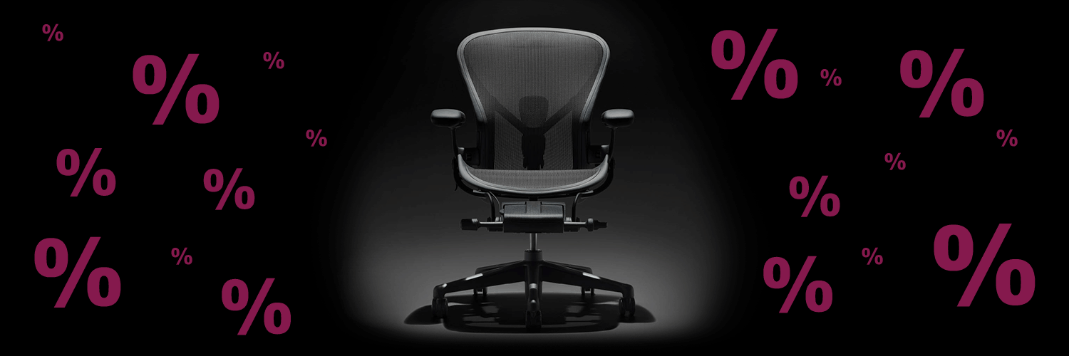 Ergonomischer Bürostuhl vor dunklem Hintergrund mit Prozentzeichen. Hervorhebung von Qualitätsmerkmalen und Rabatten.