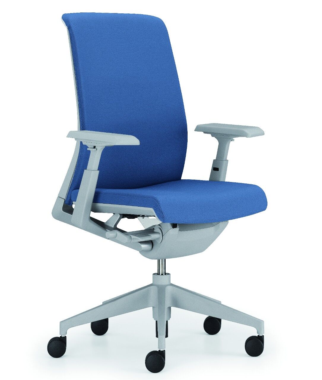 Bürostuhl mit blauer Polsterung, verstellbaren Armlehnen und ergonomischem Design auf einem stabilen Drehfuß.