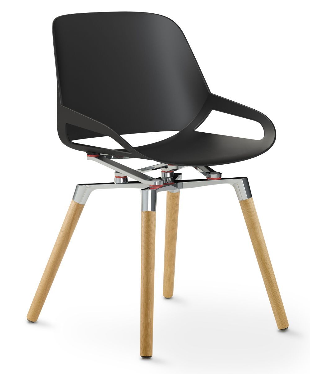 Moderner schwarzer Stuhl mit ergonomischem Design, Holzbasis und verchromten Elementen für dynamisches Sitzen.