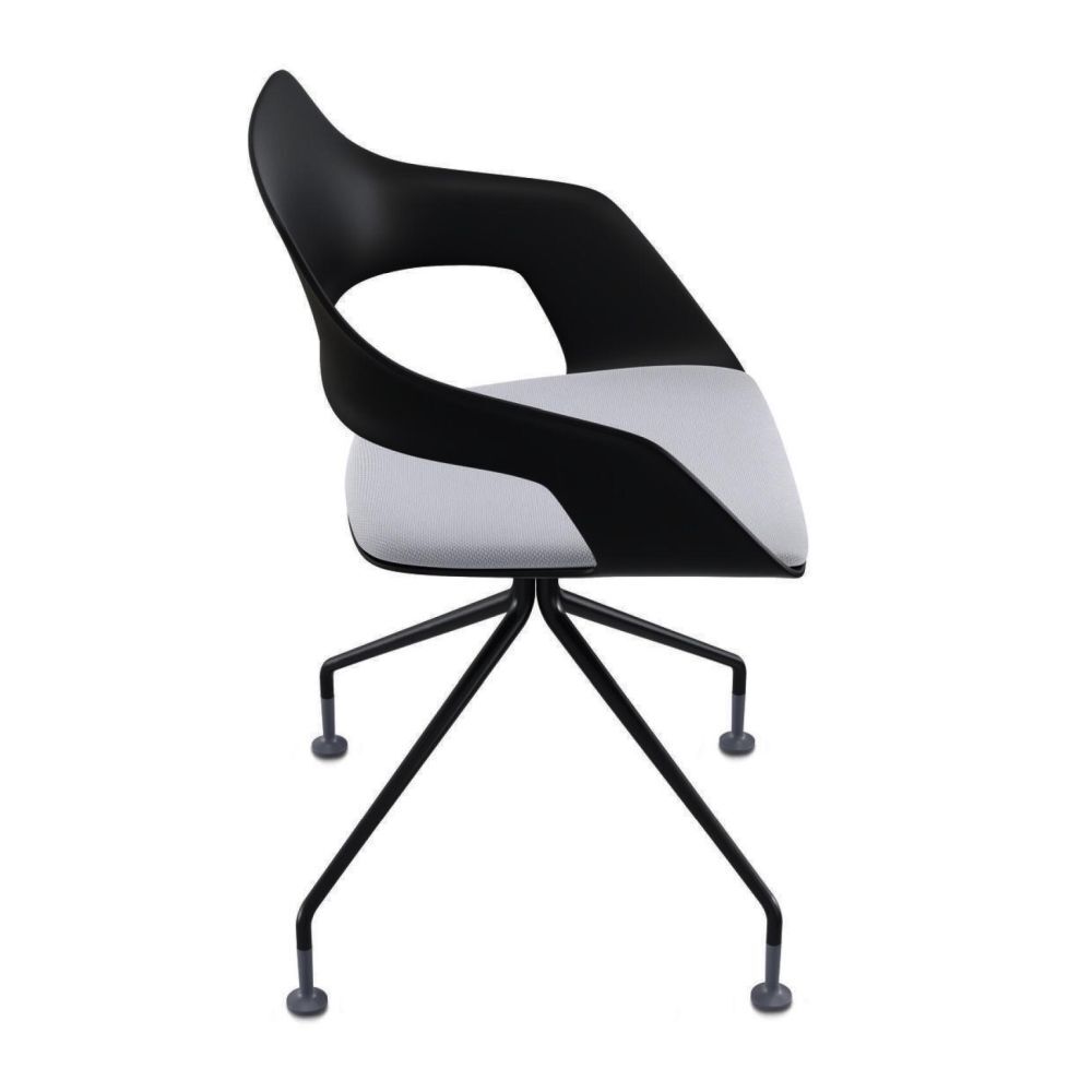 Moderner ergonomischer Stuhl mit schwarzer Schale und grauer Polsterung auf stabilem Metallgestell.