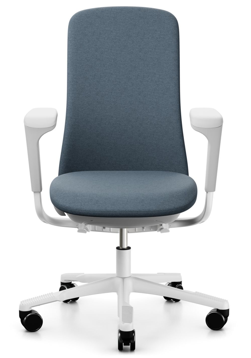 Ergonomischer Bürostuhl mit grauem Polster und weißen Armlehnen auf fünf Rädern für dynamisches Sitzen.