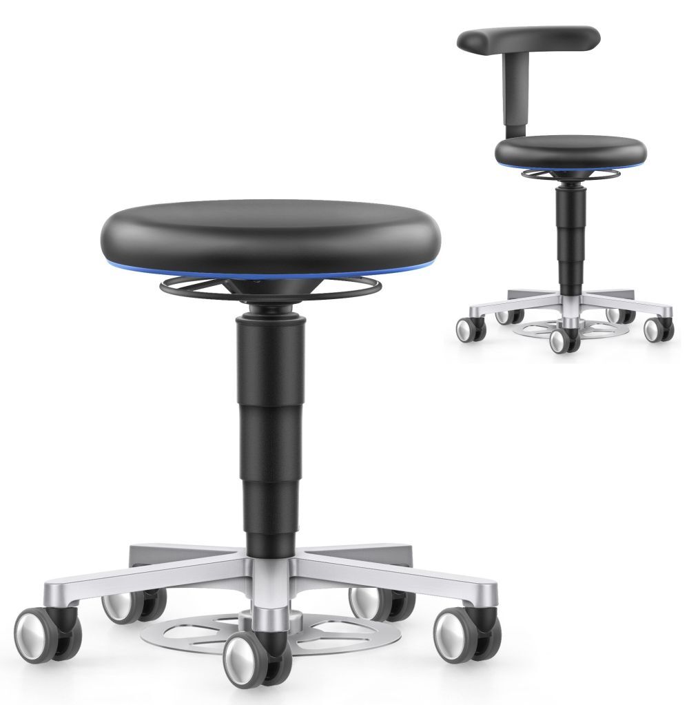 Moderner ergonomischer Hocker mit schwarzem Sitz und Rollen, ideal für dynamisches Sitzen im Büro.