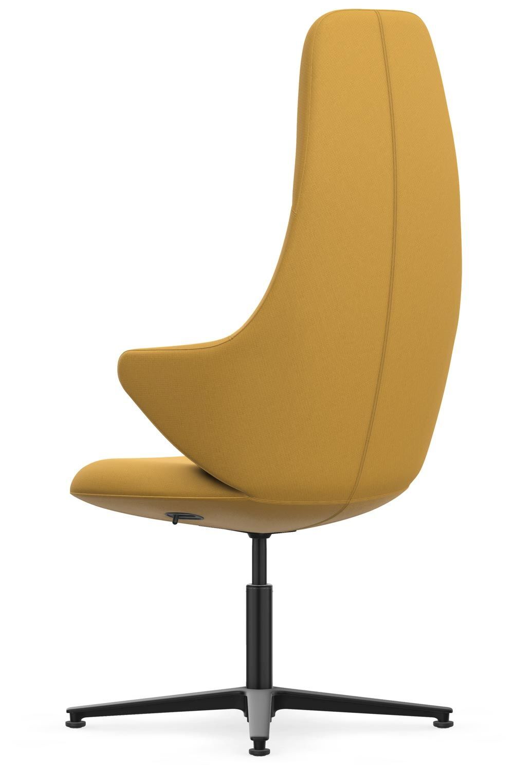 Ergonomischer gelber Bürostuhl mit hoher Rückenlehne und schwarzem Drehgestell, seitliche Ansicht.