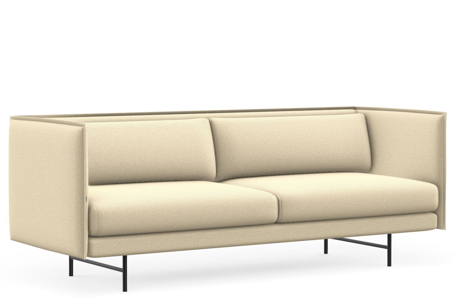Beiges, modernes Sofa mit klaren Linien und langen schwarzen Metallbeinen, ideal für stilvolle Büroeinrichtungen.