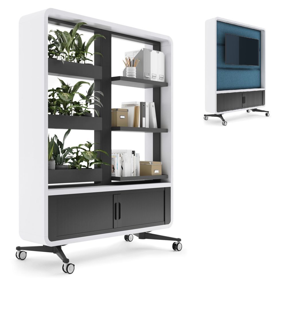 Moderner rollbarer Raumteiler mit integrierten Pflanzenregalen und Stauraum im Bürodesign.